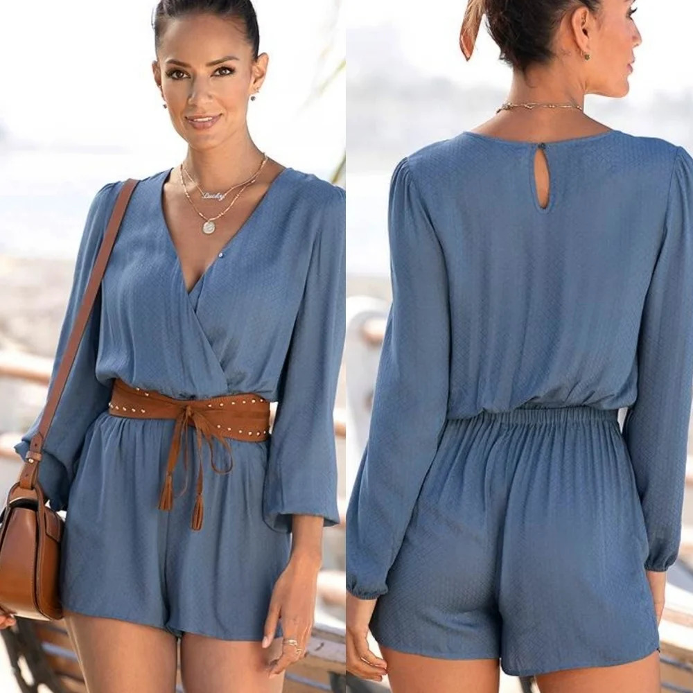 🔥 (5for$35) VENUS Longsleeve Shorts Romper Wrap Top Size Small Blue